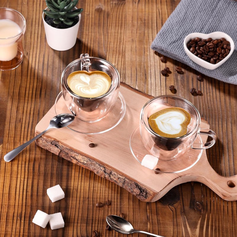 glastal Espresso Cup 5oz Double Walled Glass Coffee Mugs Tea Cups with Handle Saucer Set of 2 Heart Shaped Milk Juice Cups Drinking Glasses Mothers Day Gifts for Mom Birthday Gifts for Wife Grandma - Image 4