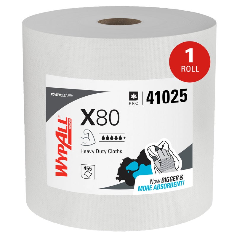 WypAll PowerClean X80 Cloths Heavy Duty Wipes 41025 Jumbo Extended Use Towels White 1 Roll of 455 Sheets 455 Sheet Total - Image 3
