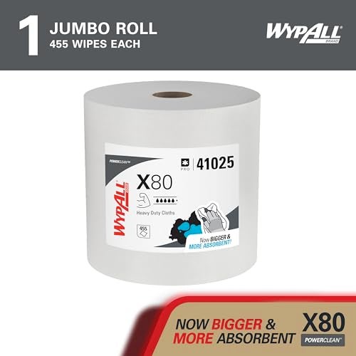 WypAll PowerClean X80 Cloths Heavy Duty Wipes 41025 Jumbo Extended Use Towels White 1 Roll of 455 Sheets 455 Sheet Total - Image 5