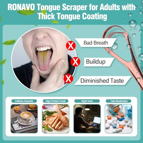 RONAVO Tongue Cleaner - New Upgrade Tongue Scraper with Dual Scraping Head, Metal Tongue Scraper with Travel Case, Rose Gold, 2 Pack by RONAVO Tongue Cleaner for Adults Kids Fight Bad Breath - Image 2