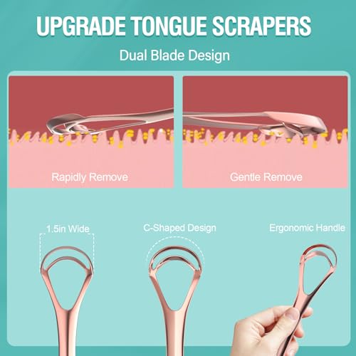 RONAVO Tongue Cleaner - New Upgrade Tongue Scraper with Dual Scraping Head, Metal Tongue Scraper with Travel Case, Rose Gold, 2 Pack by RONAVO Tongue Cleaner for Adults Kids Fight Bad Breath - Image 4