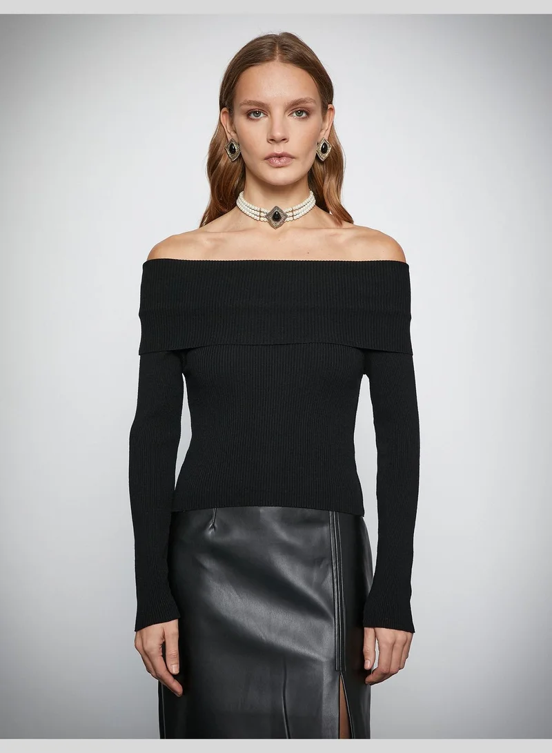 KOTON Sliky Fabric Off the Shoulder Ribbed Sweater