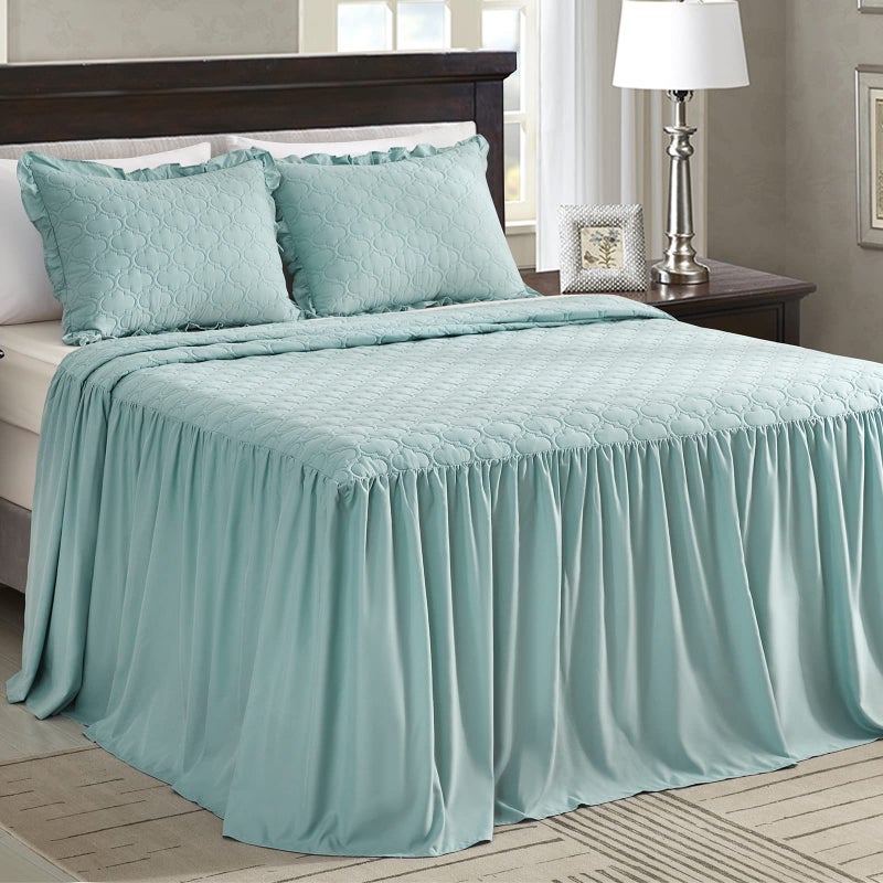 CHIXIN Ruffle Skirt Bedspread - 30" Long Drop, Shabby Chic Style Bedding, Lightweight, 3 Piece Set, King Size, Seaglass - Image 1