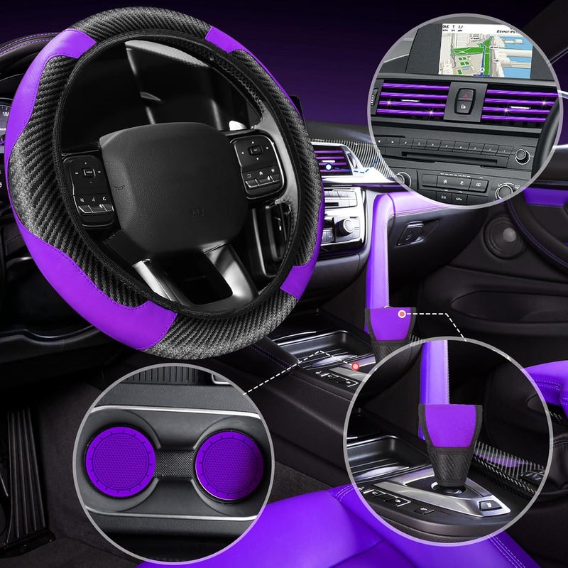 Riakrum 30 Pcs Car Accessories Set Purple and Black PU Leather Steering Wheel Cover Auto Interior Accessories Gift Car Vent Trim Strips Air Conditioner Insert Strips with Installation Tool - Image 2