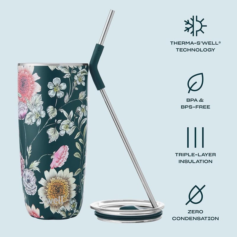 S'well Stainless Steel Tumbler with Straw and Slide-Open Lid, 24oz, Midnight Botanical Triple Layered Vacuum Insulated Containers Keeps Drinks Cold for 18 Hours and Hot for 5, BPA Free - Image 2