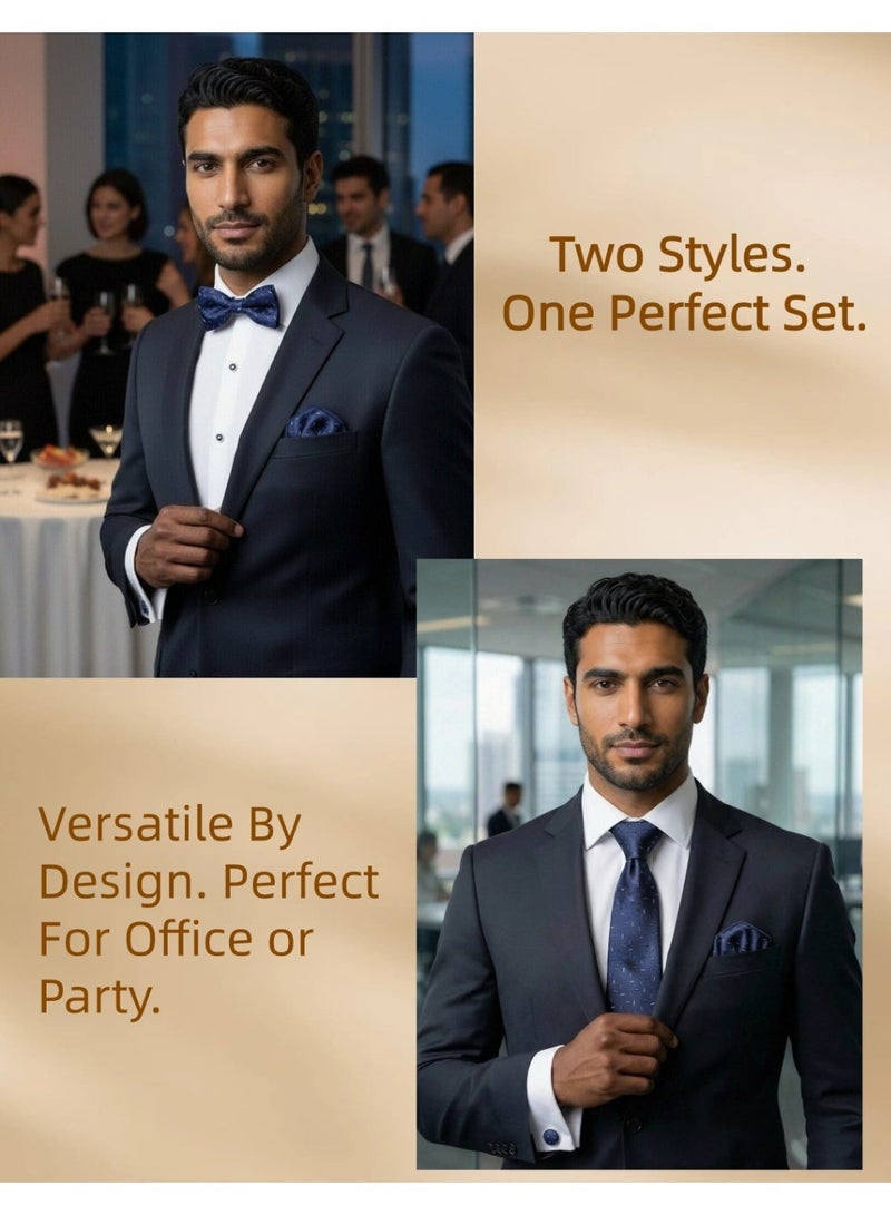 Hiras Men's Blue Tie Gift Set for Wedding & Business | Complete Accessory Collection (Tie, Bow Tie, Cufflinks, Pocket Square) - Oxford Blue - Image 2