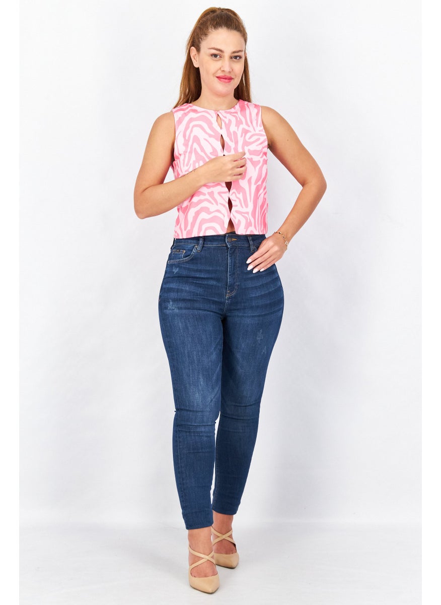 Don't Call Me Jennyfer - Women Round Neck Sleeveless Abstract Crop Top, Pink Combo - Image 1