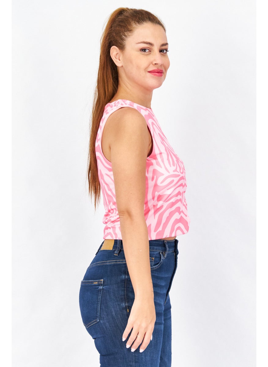 Don't Call Me Jennyfer - Women Round Neck Sleeveless Abstract Crop Top, Pink Combo - Image 1