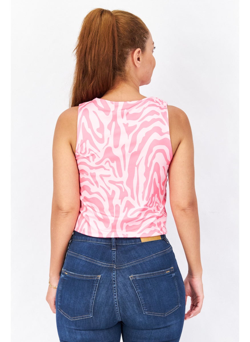 Don't Call Me Jennyfer - Women Round Neck Sleeveless Abstract Crop Top, Pink Combo - Image 1