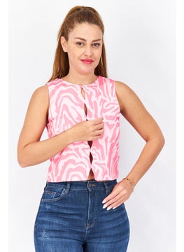 Women Round Neck Sleeveless Abstract Crop Top, Pink Combo