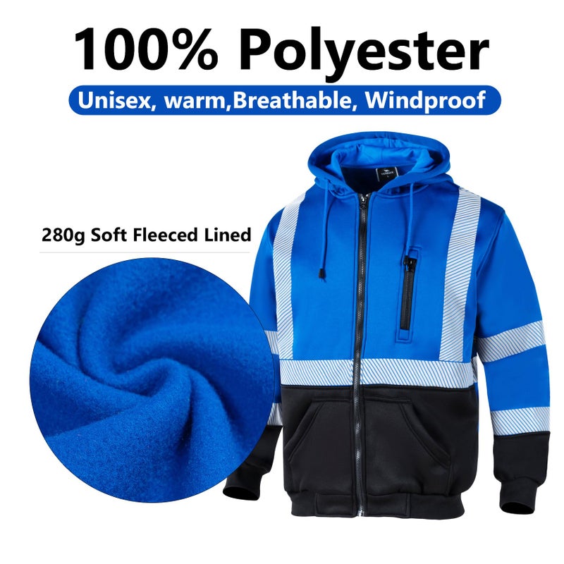 VENDACE High Visibility ANSI Class 3 Reflective Safety Fleece Sweatshirt Hoodie for Men Hi Vis Hoodies Zipper Jacket(Royal blue,XL) - Image 4