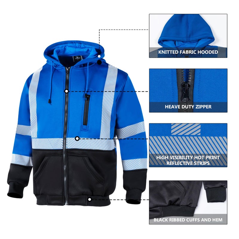 VENDACE High Visibility ANSI Class 3 Reflective Safety Fleece Sweatshirt Hoodie for Men Hi Vis Hoodies Zipper Jacket(Royal blue,XL) - Image 5