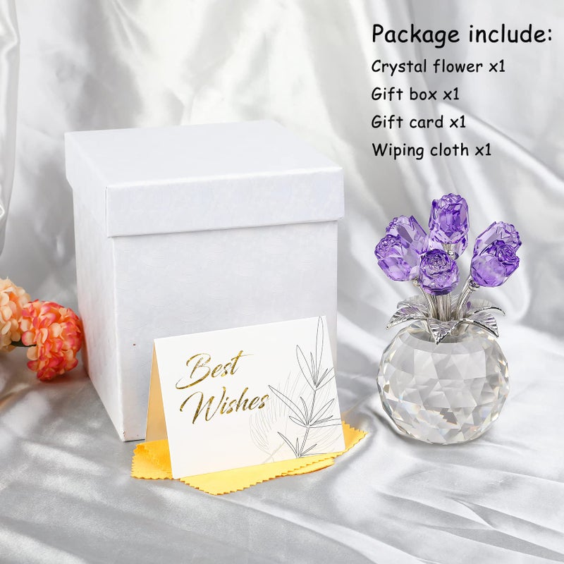 Movdyka Purple Rose Flower Crystal Figurine with Vase  Bouquet Flowers Ornament Gifts for Wife Girlfriend Women   Handmade Crystal Flower Collectible Home Table Decor for Valentine's Day Wedding Anniversary - Image 5