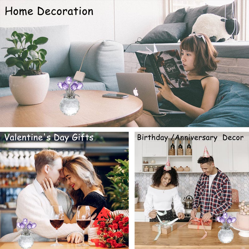 Movdyka Purple Rose Flower Crystal Figurine with Vase  Bouquet Flowers Ornament Gifts for Wife Girlfriend Women   Handmade Crystal Flower Collectible Home Table Decor for Valentine's Day Wedding Anniversary - Image 4