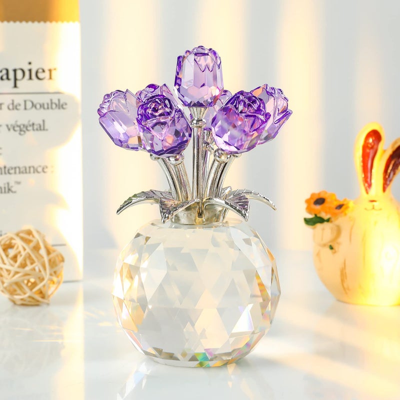 Movdyka Purple Rose Flower Crystal Figurine with Vase  Bouquet Flowers Ornament Gifts for Wife Girlfriend Women   Handmade Crystal Flower Collectible Home Table Decor for Valentine's Day Wedding Anniversary - Image 2