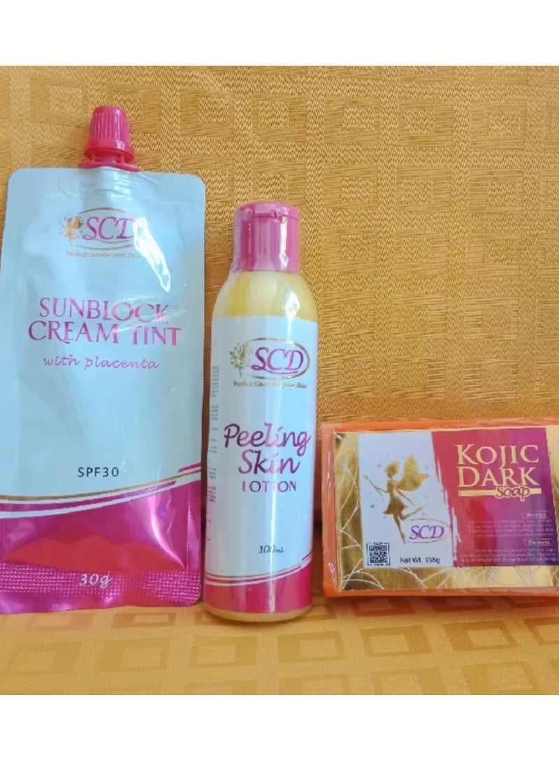إس سي دي مجموعة اس سي دي الثلاثية لوشن تقشير البشرة 100 مل + كريم الوقاية من الشمس 30 جم + صابون كوجيك الداكن