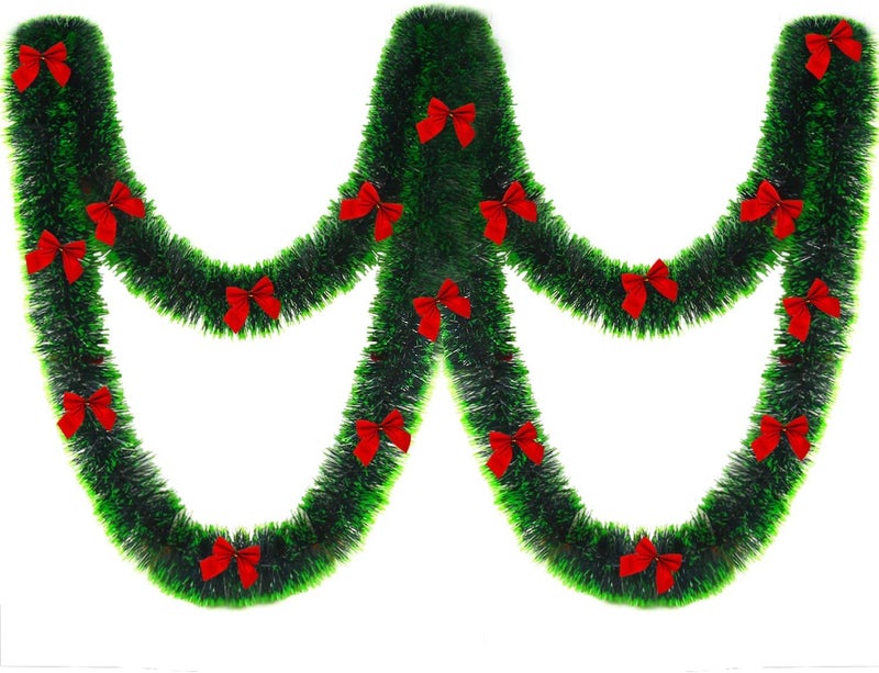 Partunay 2 Pcs Black Green Christmas Tinsel Garland Xmas Tree Hanging Ornaments with 12 Red Bows Christmas Decoration Item - Image 1