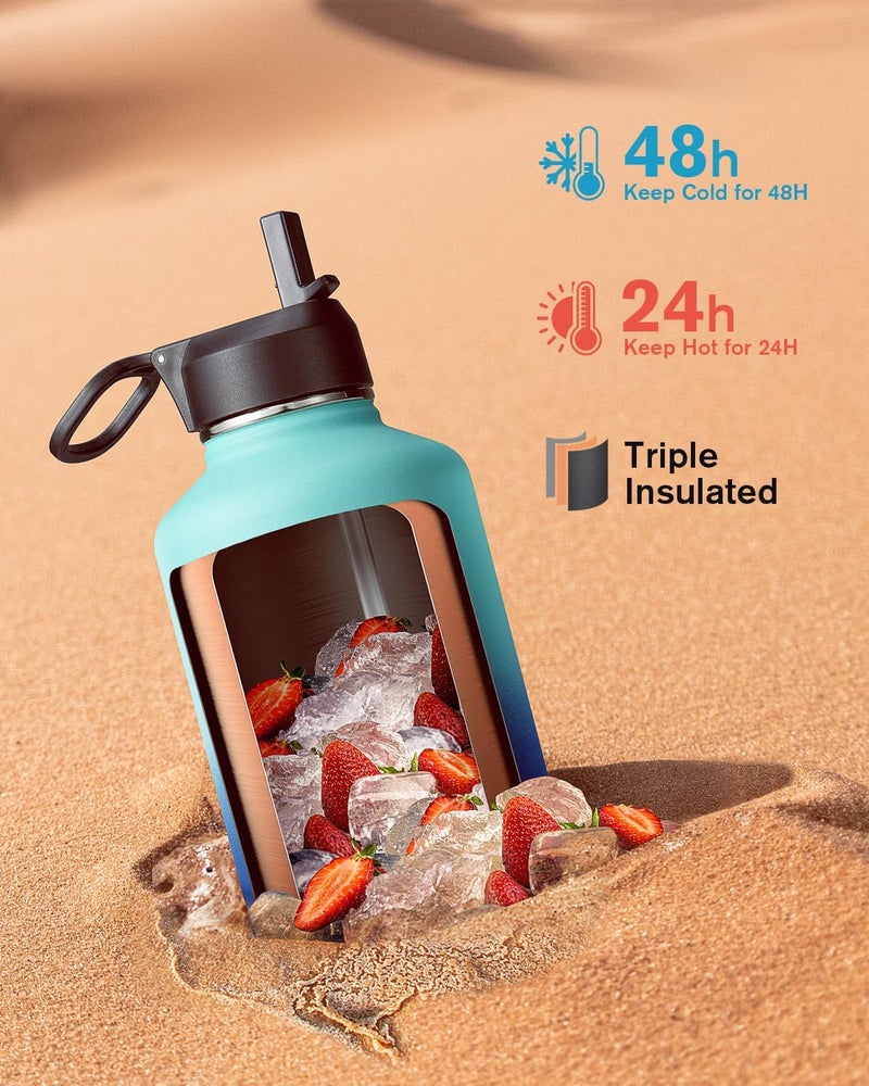 Coolflask 2 L Thermal Bottle, 3 lids with straw and spout, stainless steel vacuum insulated bottle for sports, travel, gym, 48 hours cold and hot - Image 2