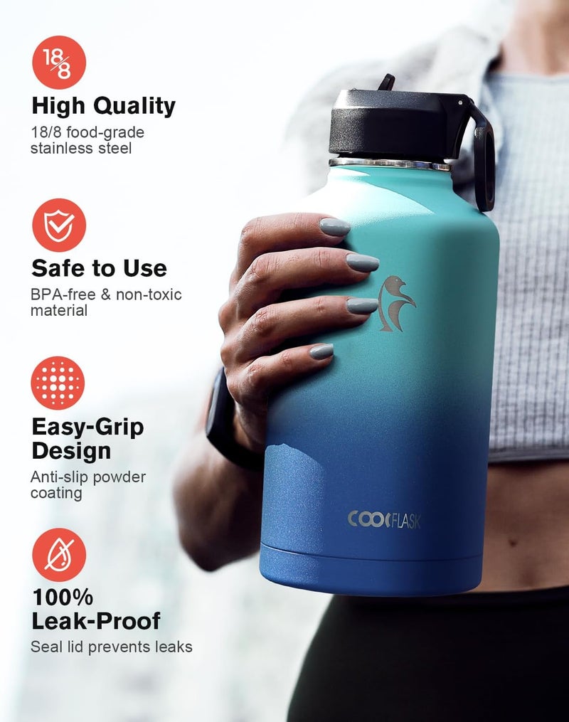 Coolflask 2 L Thermal Bottle, 3 lids with straw and spout, stainless steel vacuum insulated bottle for sports, travel, gym, 48 hours cold and hot - Image 3