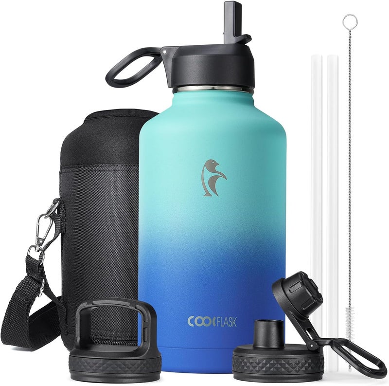 Coolflask 2 L Thermal Bottle, 3 lids with straw and spout, stainless steel vacuum insulated bottle for sports, travel, gym, 48 hours cold and hot - Image 1