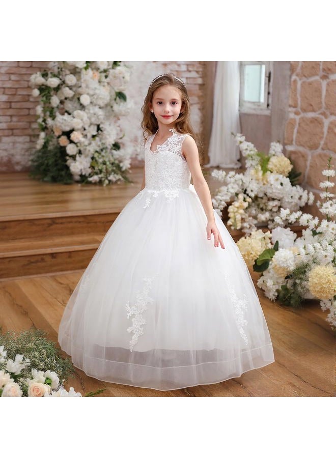 PLwedding Flower Girl Dress Kids Lace Applique Pageant Ball Gown Prom Dresses, White, 6 - Image 3