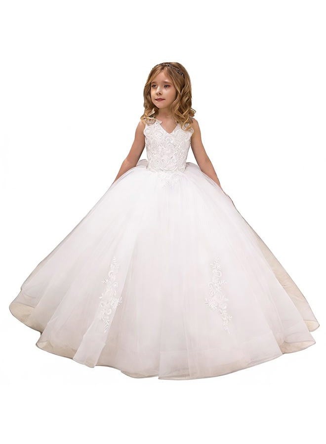 PLwedding Flower Girl Dress Kids Lace Applique Pageant Ball Gown Prom Dresses, White, 6 - Image 1