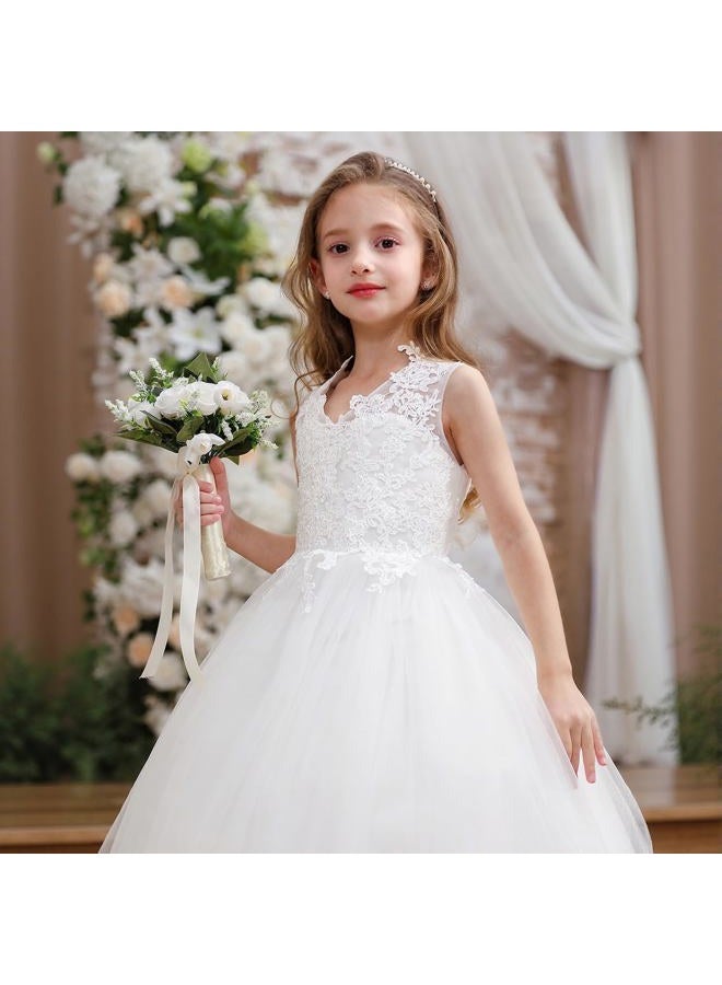PLwedding Flower Girl Dress Kids Lace Applique Pageant Ball Gown Prom Dresses, White, 6 - Image 2