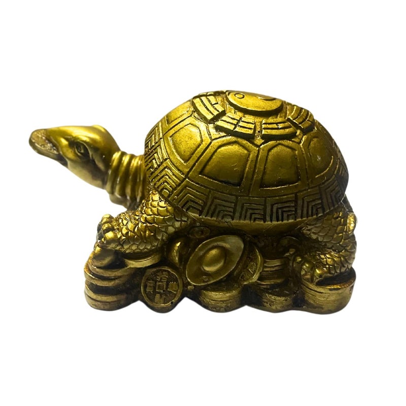 RIPE INDIA RIPE INDIA Feng Shui TurtleTortoise with Coin in Mouth for Good Luck for Home Shop Office Resin Brass Color Made in India 14 x 7 - Image 1