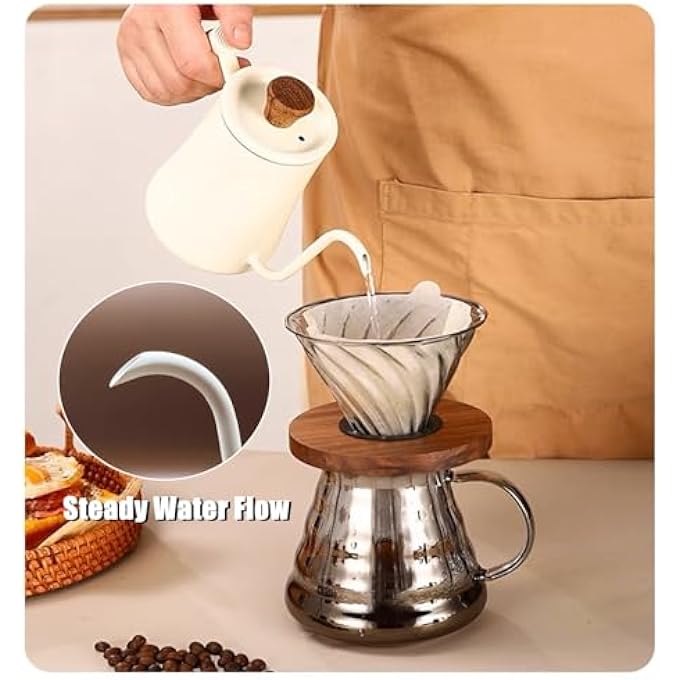Gocoffun غلاية قهوة 550 مل، غلاية ذات عنق إوزة، إبريق شاي وقهوة مع مقياس حرارة، مقبض خشبي مقاوم للحرارة، غلاية شاي من الفولاذ المقاوم للصدأ مع فوهة طويلة ضيقة، غلاية يدوية بالتنقيط، لون أبيض - Image 4