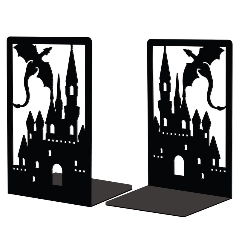 Peacoblue Metal Bookends for Shelves Room Decorative Creative Heavy Duty Study Bookends Stoppers Holder Stand for Desk Shelf 47x35x7 Book Ends to Support Books 1 PairDragon Castle