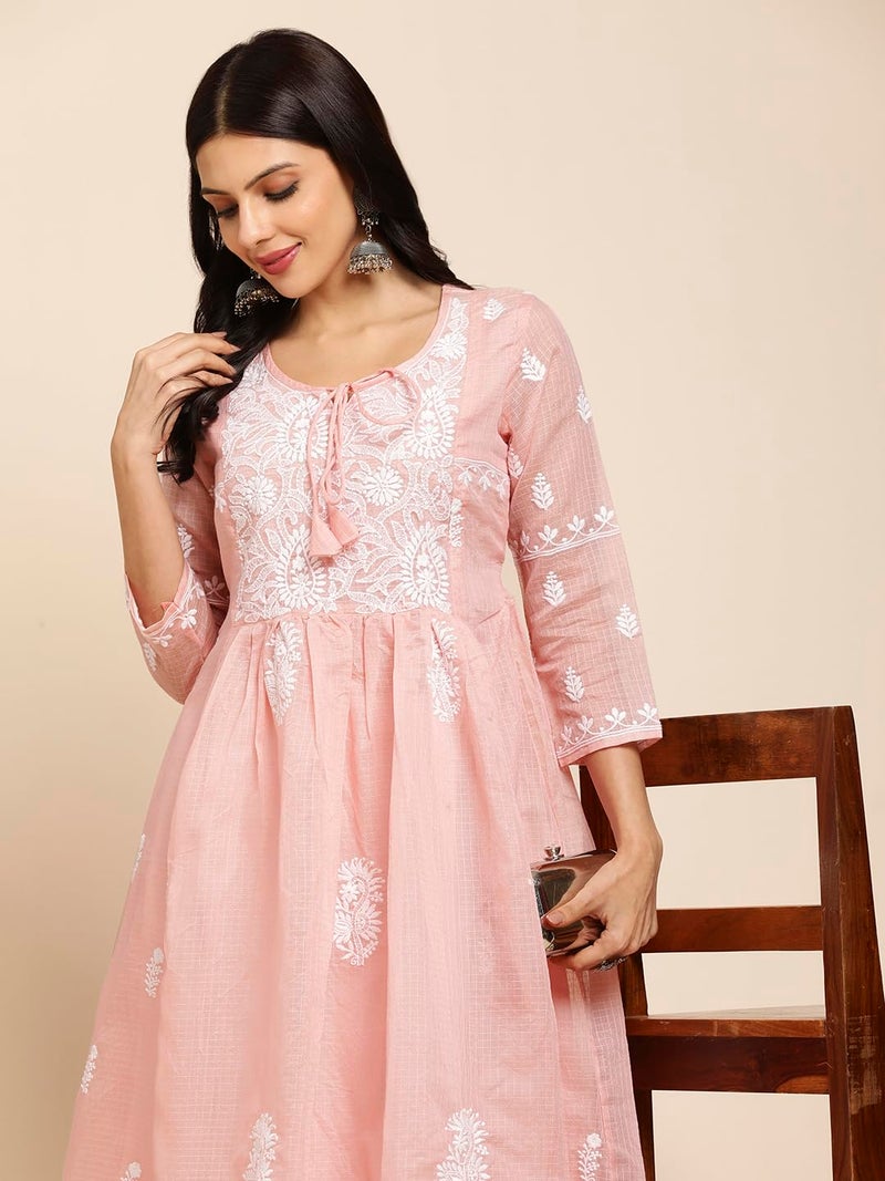 RATAN Women's Muga Cotton Regular Fit Flared Lucknowi Chikankari Ethnic Wear Kurta (TPD-4481-XX-Large_Peach) - Image 5