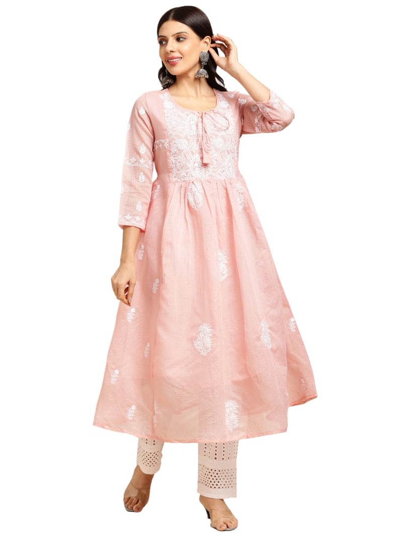 RATAN Women's Muga Cotton Regular Fit Flared Lucknowi Chikankari Ethnic Wear Kurta (TPD-4481-XX-Large_Peach) - Image 1