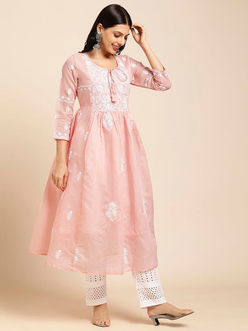 RATAN Women's Muga Cotton Regular Fit Flared Lucknowi Chikankari Ethnic Wear Kurta (TPD-4481-XX-Large_Peach) - Image 4