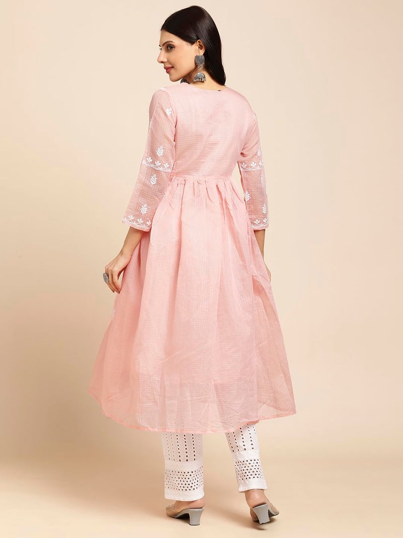 RATAN Women's Muga Cotton Regular Fit Flared Lucknowi Chikankari Ethnic Wear Kurta (TPD-4481-XX-Large_Peach) - Image 3