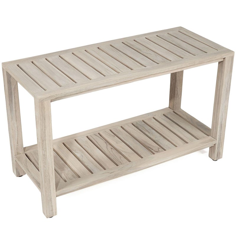 TeakCraft Teak Gray Shower Bench with Shelf 30 Inch for Bathroom Spa Fully Assembled Shower Stool Rustic Gray Finish The Ricina
