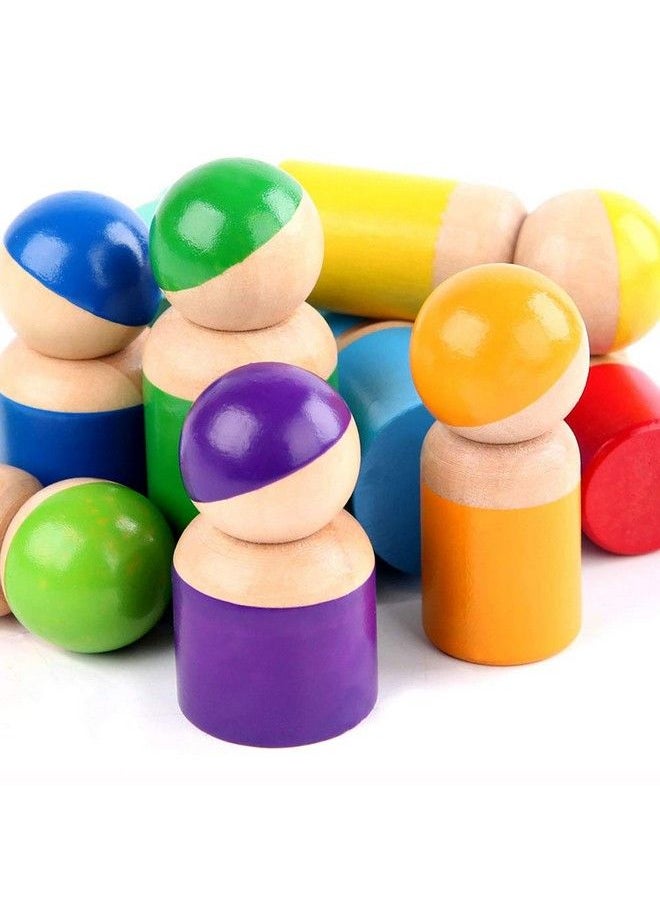 Generic - Montessori Toys For Toddlers, Wooden Rainbow Peg Dolls Shapes Sorting Toys, 9 Wood People Figures Cylinder Blocks, Preschool Learning Educational Toys Pretend Play For Kids - Image 1