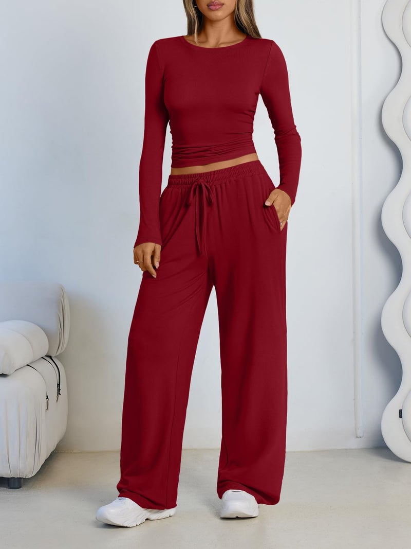 LILLUSORY Lounge Sets for Women Two 2 Piece matching Loungewear Sets Women Winter Clothing 2026 Fall Fashion Travel Airport Outfits Sweatsuits Casual Cute Clothes Red L - Image 2