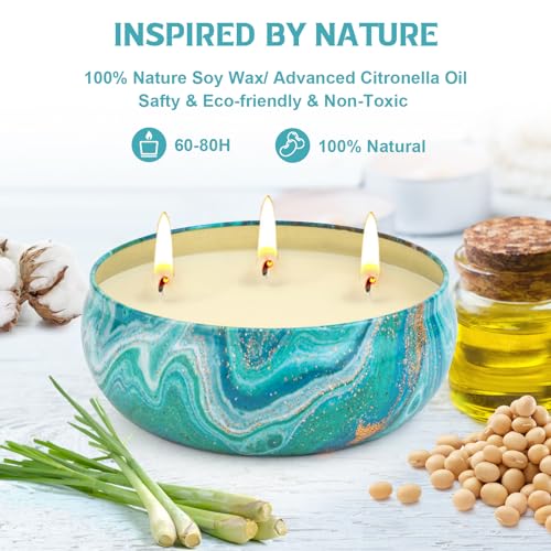 Ofun Citronella Candles Outdoor Decorative 36oz, 3 Wick Soy Wax Lemongrass Candle Set, Scented Candle Jar Candle Bulk Up to 240hrs, Summer Camping Candles for Patio, Garden, Balcony, Camping, BBQ - Image 2