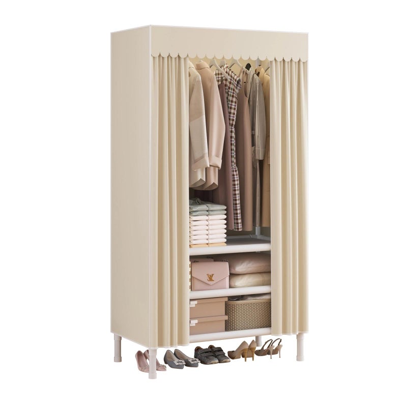 WEALTHYHEART Portable Closet,Garment Rack,Heavy Duty Clothes Rack with Cover,Wardrobe Closet with 1 Hanging Rods, 2 Storage Shelves,27.5" L x 17.7" W x 67.7" H,Pale Yellow - Image 1