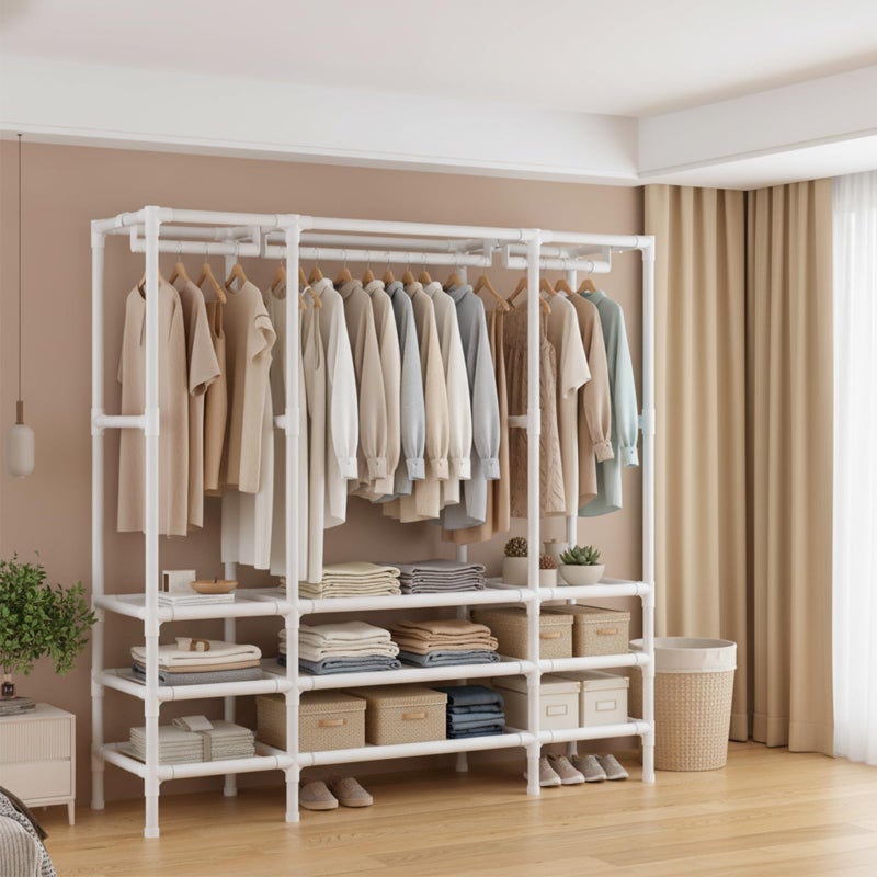 WEALTHYHEART Portable Closet,Garment Rack,Heavy Duty Clothes Rack with Cover,Wardrobe Closet with 1 Hanging Rods, 2 Storage Shelves,27.5" L x 17.7" W x 67.7" H,Pale Yellow - Image 4