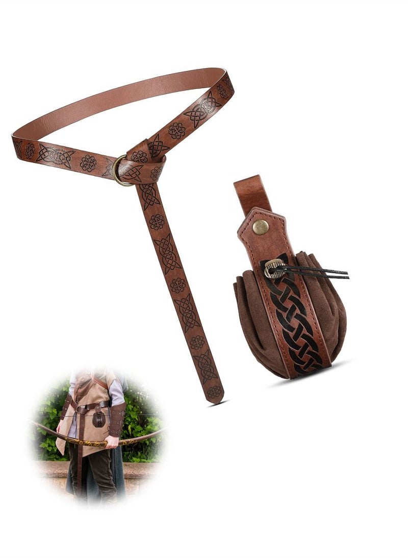 SYOSI Medieval Knight Accessories, 2 Pcs Medieval Viking Belt Medieval Faux Leather Belt Pouch, Renaissance Leather Belt Medieval Bag Renaissance Accessories (Brown,Retro)  - Image 1