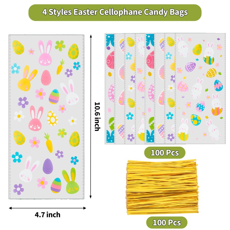 GOMANCHE Easter Cellophane Candy Bags, 100pcs Easter Treat Bags with 100pcs Gold Twist Ties, Easter Candy Goodie Treat Bags for Kids Easter Party Favor Supplies - Image 2