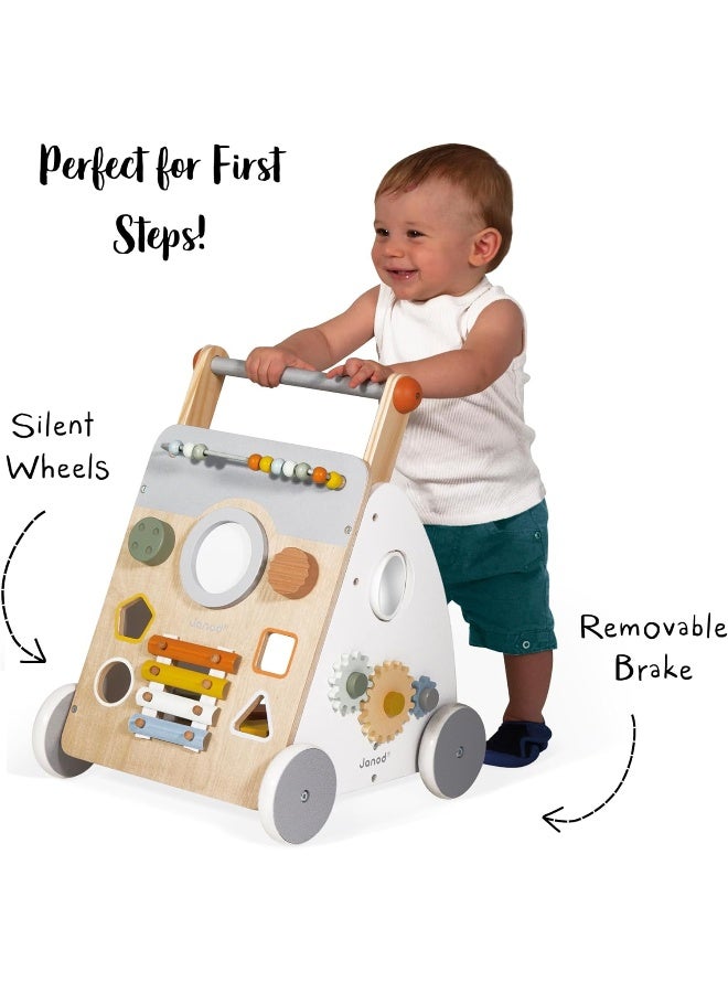 Janod - Sweet Cocoon Multi-Activity Cart - Wooden Push-In Walking Trolley - 9 Activities - Quiet Wheels, Water Based Paint - Image 3