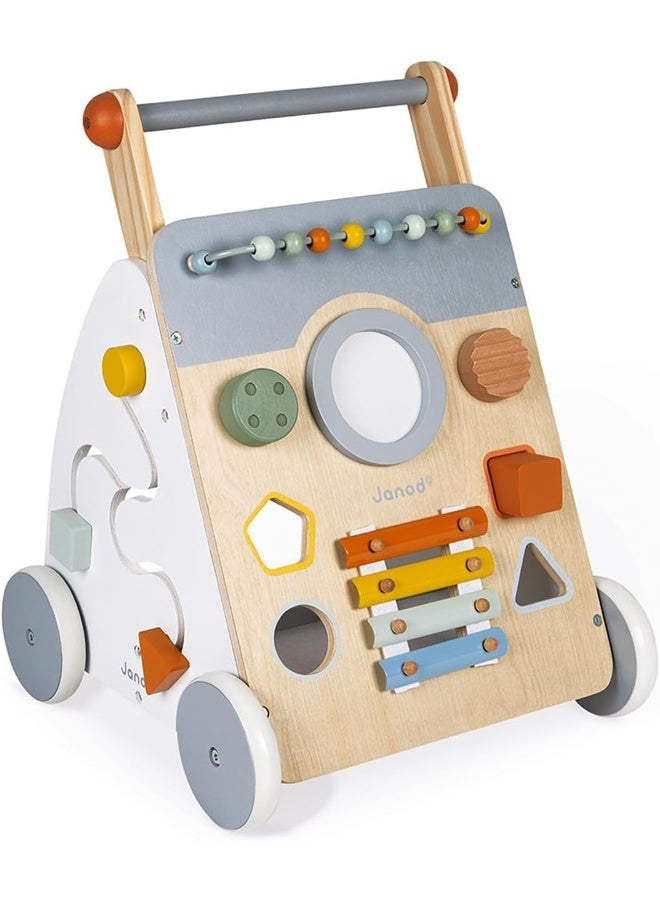 Janod - Sweet Cocoon Multi-Activity Cart - Wooden Push-In Walking Trolley - 9 Activities - Quiet Wheels, Water Based Paint - Image 1