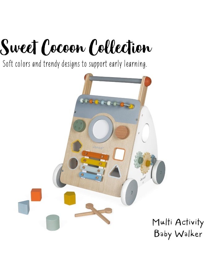 Janod - Sweet Cocoon Multi-Activity Cart - Wooden Push-In Walking Trolley - 9 Activities - Quiet Wheels, Water Based Paint - Image 2