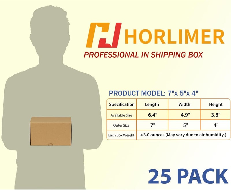 HORLIMER صندوق شحن مقاس 7x5x4 بوصة، مجموعة من 25 صندوقًا، صندوق بريد من الورق المقوى المموج البني - Image 2
