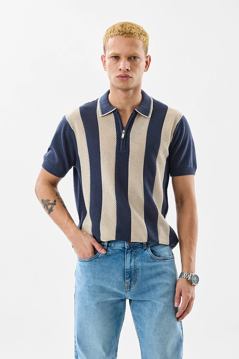 سنيتش Navy Striped Half Sleeve Regular Fit T-Shirt