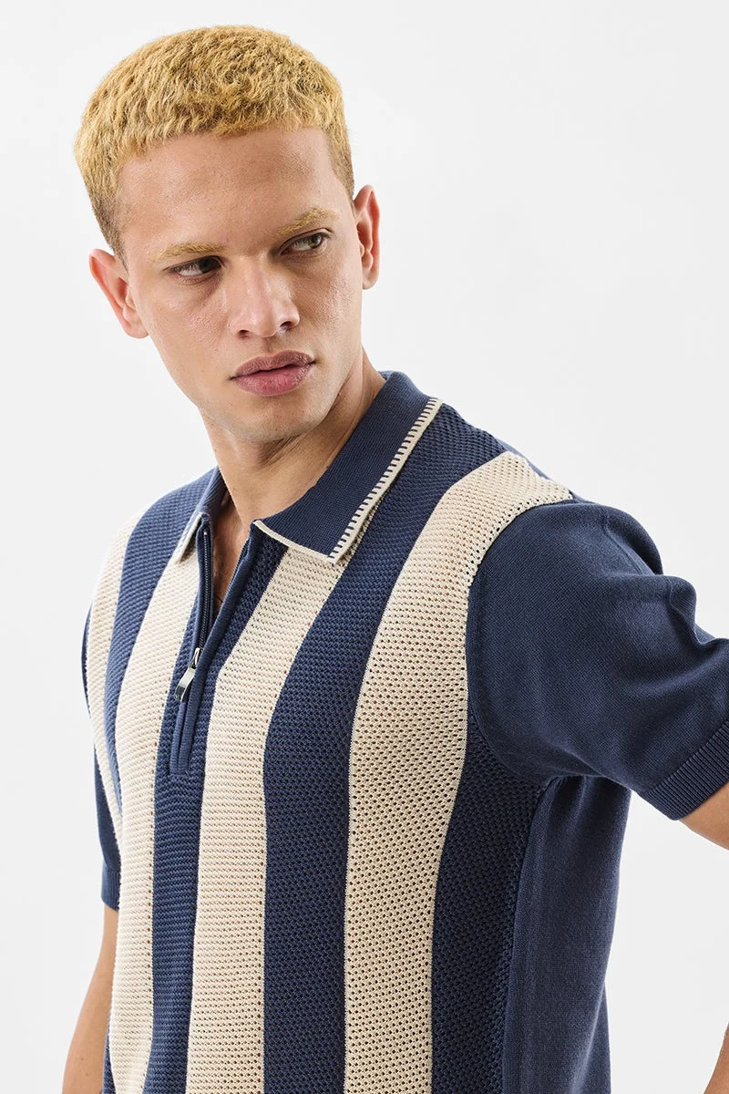 سنيتش Navy Striped Half Sleeve Regular Fit T-Shirt