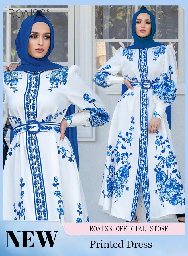 roaiss Women's Muslim Printed Dress Stand Up Collar Long Sleeve Cuffs with Tightening Design Waist Belt Tightened Ankle Length Holiday Dress  for Ladies Ramadan Eid al-Adha  - Image 1