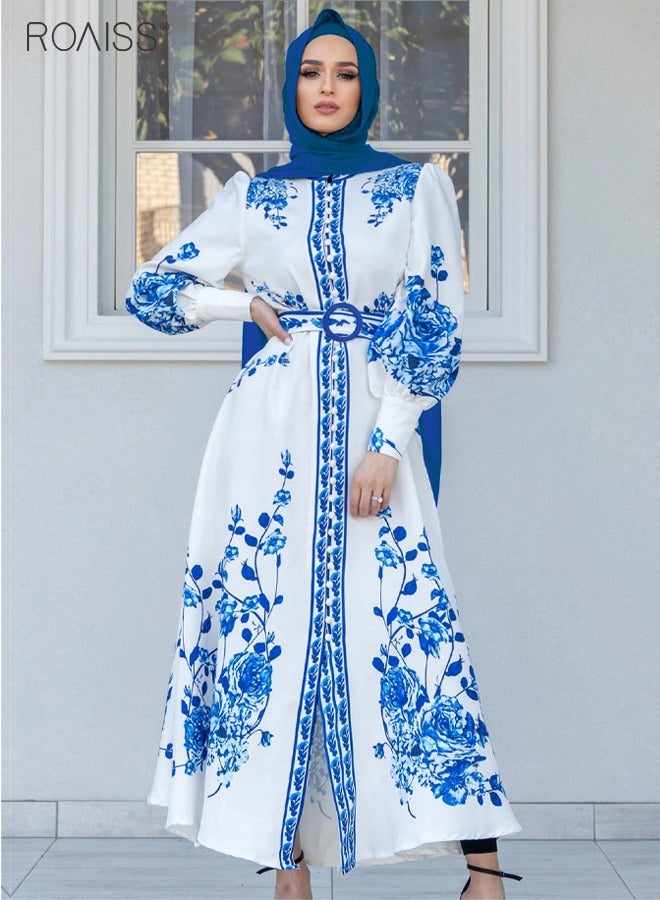 roaiss Women's Muslim Printed Dress Stand Up Collar Long Sleeve Cuffs with Tightening Design Waist Belt Tightened Ankle Length Holiday Dress  for Ladies Ramadan Eid al-Adha  - Image 2